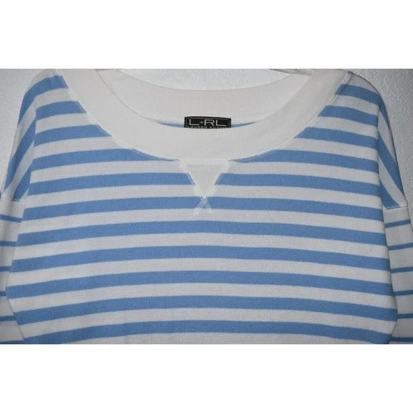 Lauren Ralph Lauren XL Nautical Stripe Top Drop Shoulder Lt Blue White Coastal - Picture 10 of 16